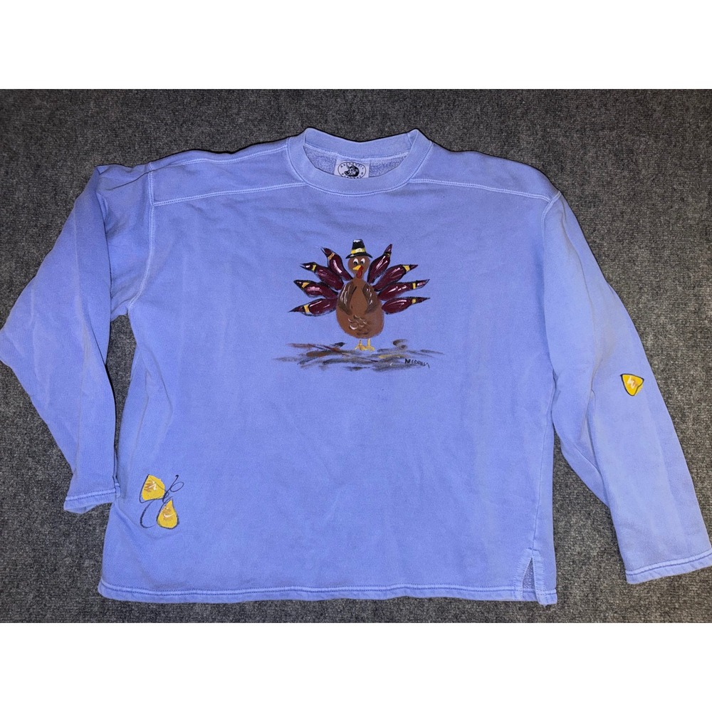 Authentic Pigment Vintage Hand Painted Turkey Sweatshirt Periwinkle Blue Medium